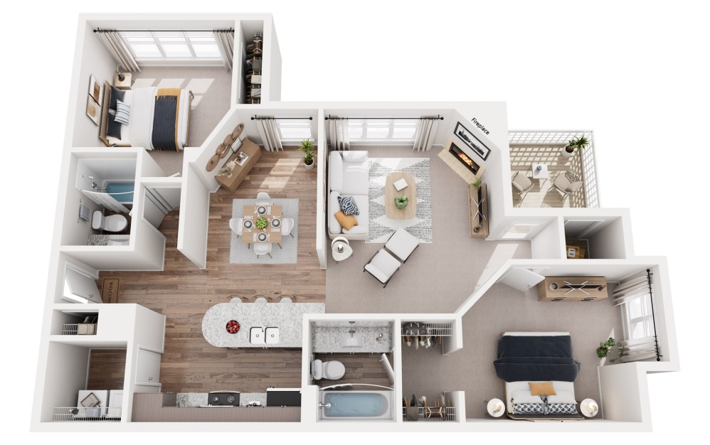 B1 - 2 bedroom floorplan layout with 2 bathrooms and 985 square feet